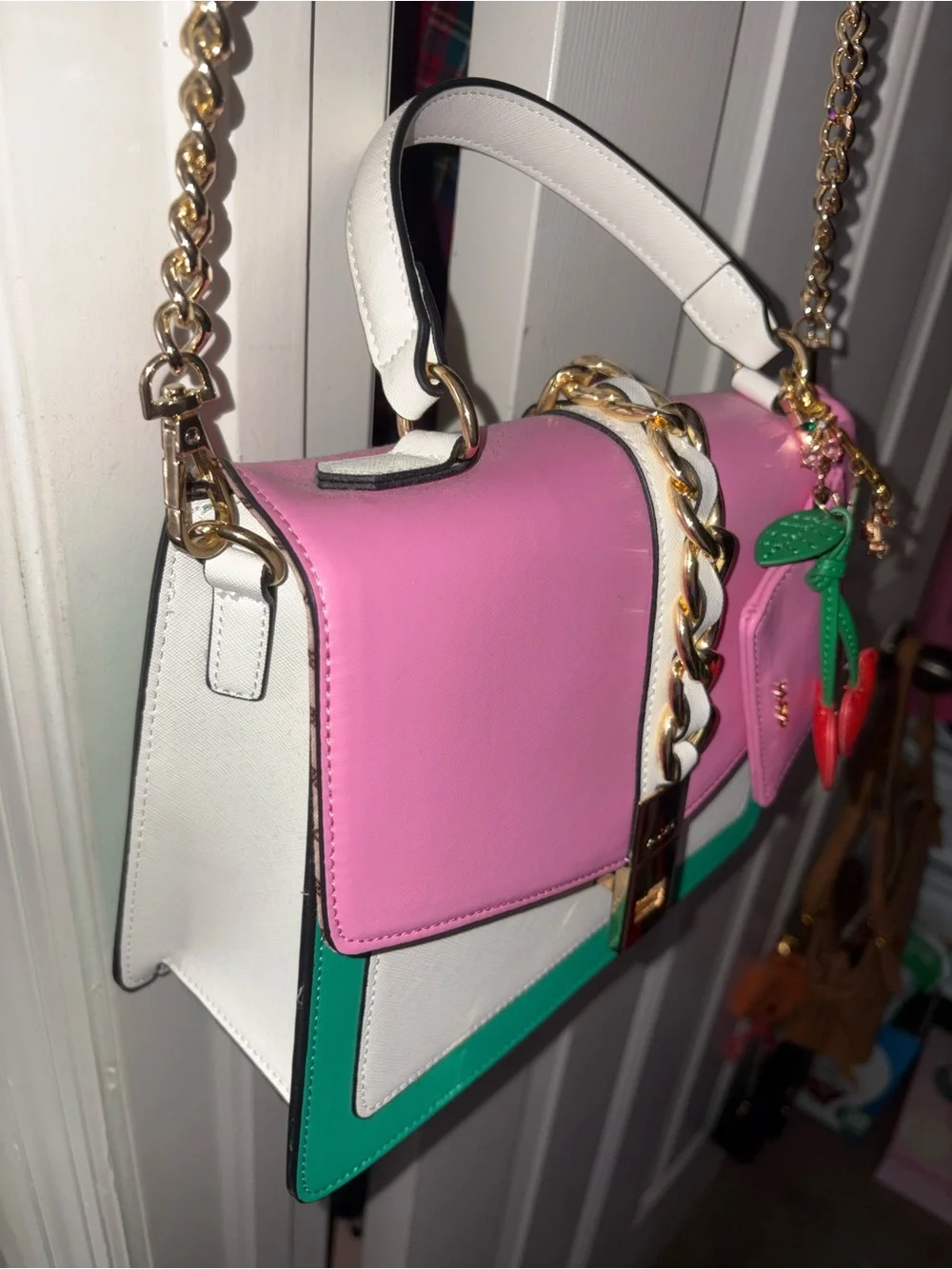 Aldo Pink, Green & White Colorblock Top-Handle Satchel/ Crossbody Purse